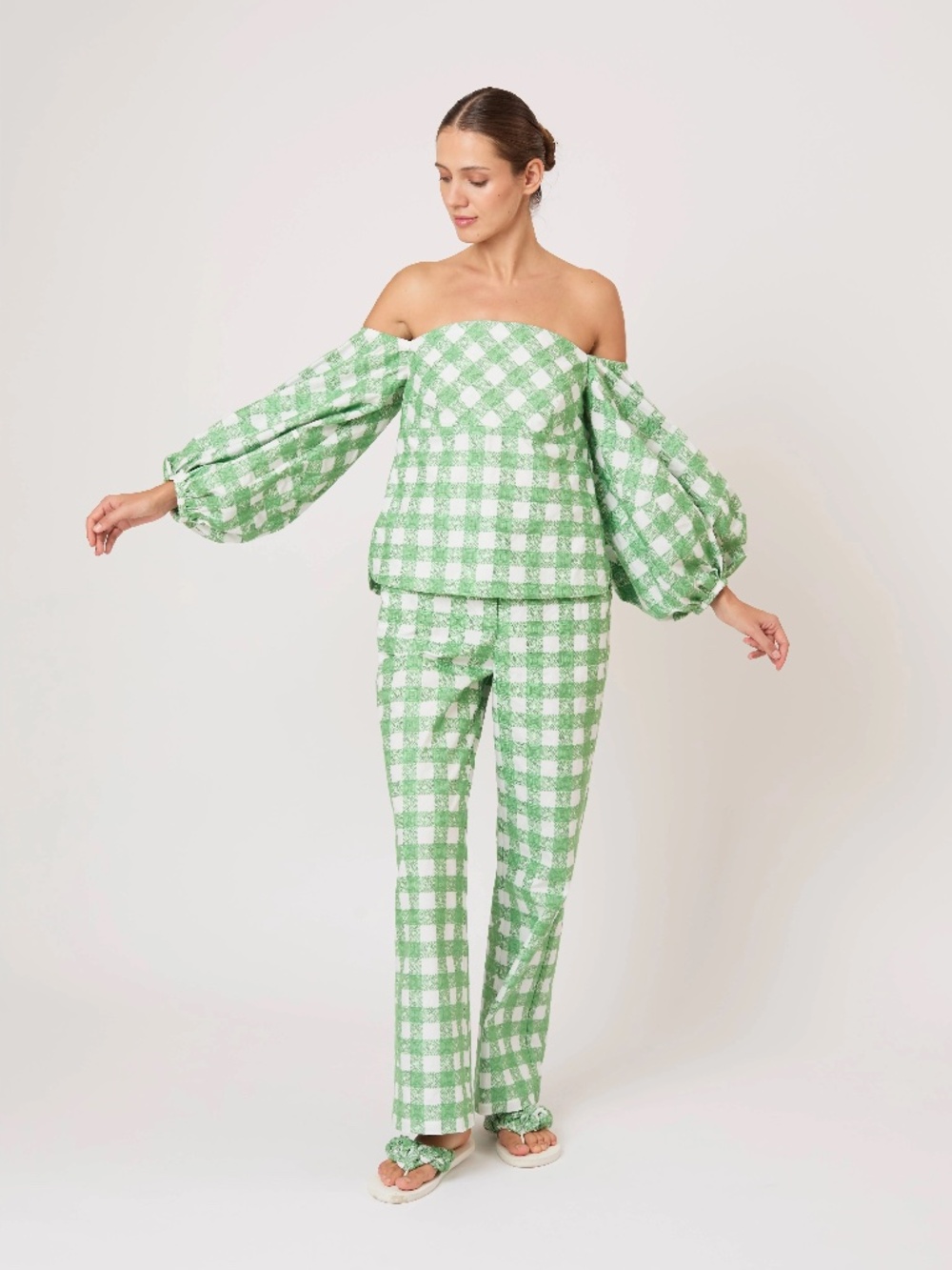 NWT Rosie Assoulin Empire Balloon Sleeve Top in Picnic Gingham, Size S